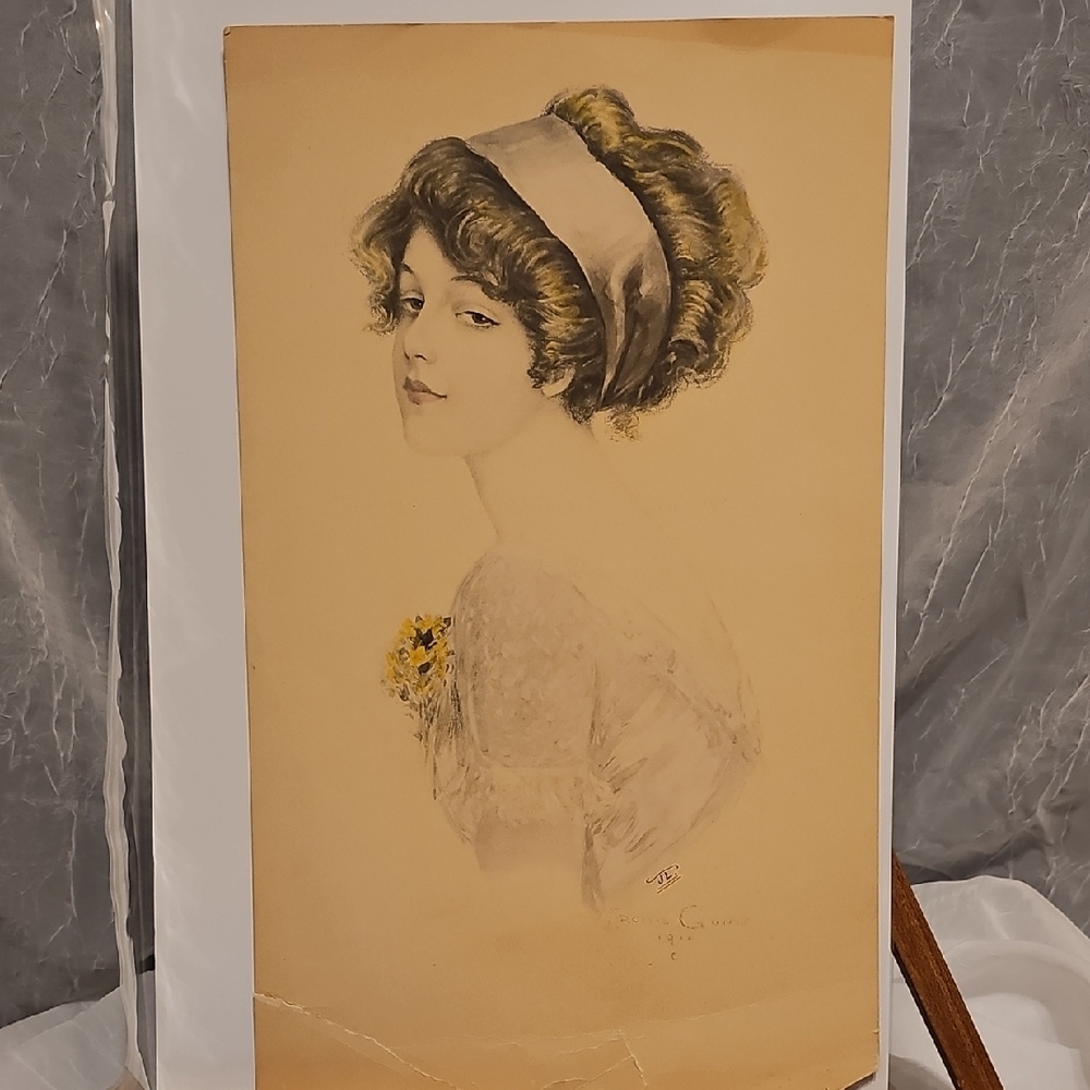 Vintage Art Print Female With Flowers with Brown and Cream Tones - 1911